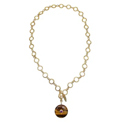 Farra Women's Brown Tiger Eye Stone Pendant Y-shaped Necklace