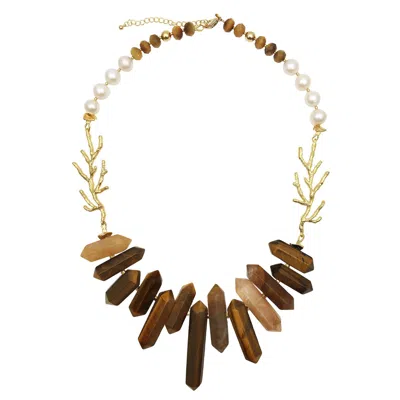 Farra Women's Brown Tiger Eye Stone With Branch Charm Statement Necklace In Multi