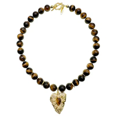 Farra Women's Brown Tiger Eye Stone With Leaf Pendant Chunky Necklace