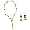 Farra Women's Brown Tiger-eye Stone With Rhinestone Lariat Necklace And Earring Jewelry Set In Brown