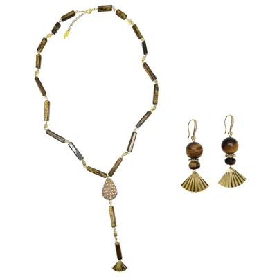 Farra Women's Brown Tiger-eye Stone With Rhinestone Lariat Necklace And Earring Jewelry Set
