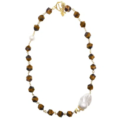 Farra Women's Brown Tiger Eye Stones With Baroque Short Necklace
