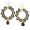 Farra Women's Brown Tiger Eye With Freshwater Pearls Hand Crafted Flower Ring Earrings In Brown