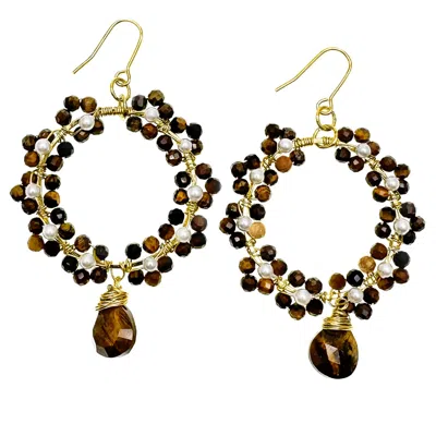 Farra Women's Brown Tiger Eye With Freshwater Pearls Hand Crafted Flower Ring Earrings In Multi