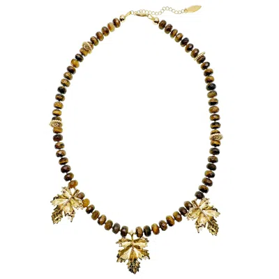 Farra Women's Brown Tiger Eye With Maple Leaves Pendants Statement Necklace