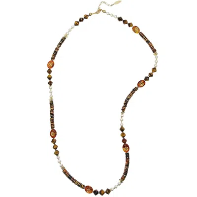 Farra Women's Brown Vintage Style Tiger Eye With Freshwater Pearls Long Necklace