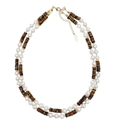 Farra Women's Brown / White Freshwater Pearls With Tiger Eye Double Layers Necklace