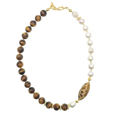 Farra Women's Brown / White Freshwater Pearls With Tiger Eyes & Rhinestones Short Necklace In Multi