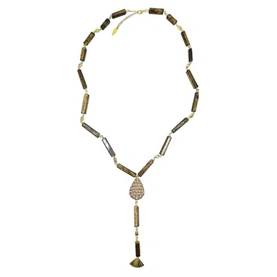 Farra Women's Brown Y Shaped Tiger-eye Stone With Rhinestone Tassel Lariat Necklace