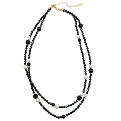 Farra Women's Classic Black Obsidian With White Freshwater Pearls Double Layers Necklace