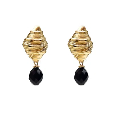Farra Women's Classic Oval Black Obsidian With Gold Stud Earrings