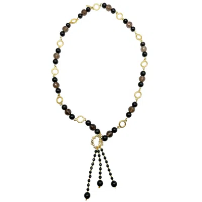 Farra Women's Classic Style Y Shape Black Obsidian & Smoky Quartz Fringe Necklace