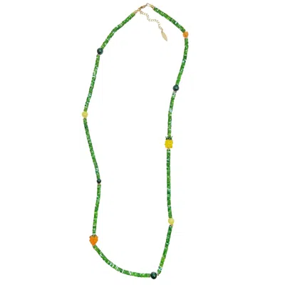 Farra Women's Colorful Gemstone And Fruit Charms Adorned Green Shell Necklace