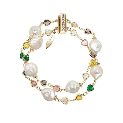 Farra Women's Colorful Zircon With Irregular Flat Baroque Pearls Double Layers Bracelet In Yellow