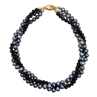 Farra Women's Deep Purple Pearls With Black Obsidian Twisted Necklace