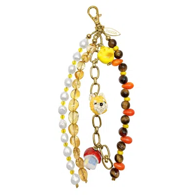 Farra Women's Doghouse Charm Gemstone And Pearls Tassel Phone Strap / Bag Charm In Gold