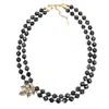 Farra Women's Double Layers Black Snowflake Obsidian With Maple Leave Pendant Necklace In Black