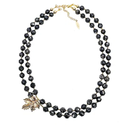 Farra Women's Double Layers Black Snowflake Obsidian With Maple Leave Pendant Necklace