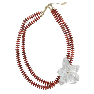 Farra Women's Elegant Red Bamboo Coral With Flower Shell Double Layers Necklace