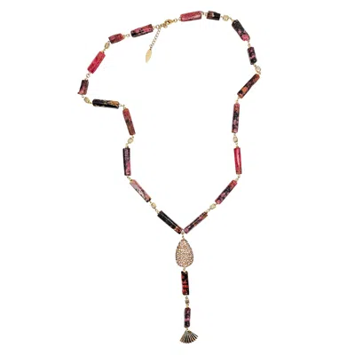 Farra Women's Elegant Y-shaped Red Rhodonite Necklace With Tassel Accents