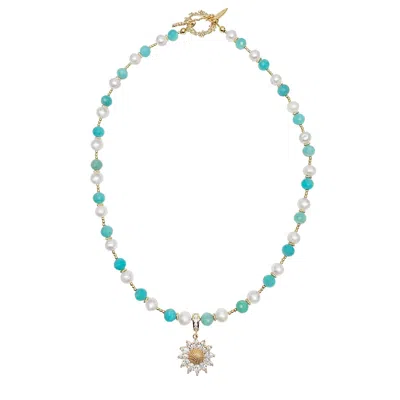 Farra Women's Freshwater Pearl & Green Amazonite Daisy Pendant Necklace