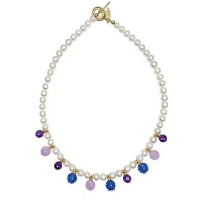 Farra Women's Freshwater Pearl With Blue Berry And Purple Amethyst Drop Necklace