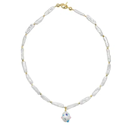 Farra Women's Freshwater Pearl With Painted Evil Eye Pendant Necklace In Yellow