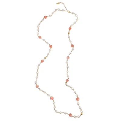Farra Women's Freshwater Pearls And Pink Watermelon Quartz With Rose Charms Long Necklace