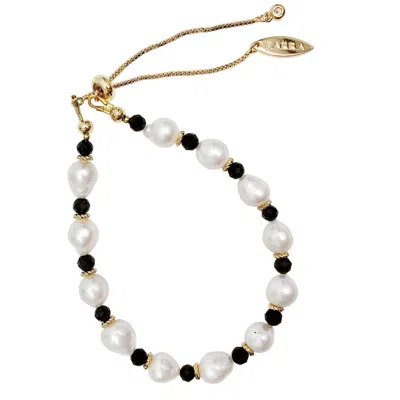 Farra Women's Freshwater Pearls With Black Obsidian Adjustable Bracelet