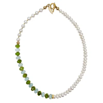 Farra Women's Freshwater Pearls With Green Jade And Opal Color Matching Necklace