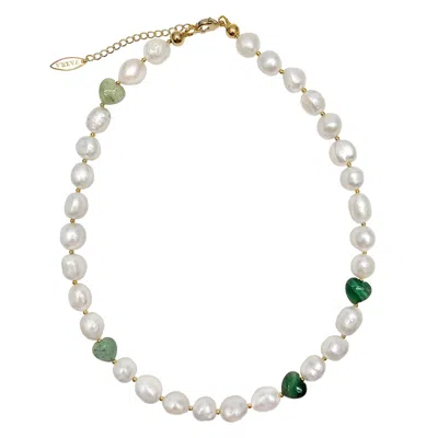 Farra Women's Freshwater Pearls With Heart Shaped Green Aventurine Free Style Necklace