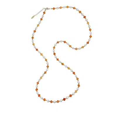 Farra Women's Freshwater Pearls With Orange Jade Long Necklace
