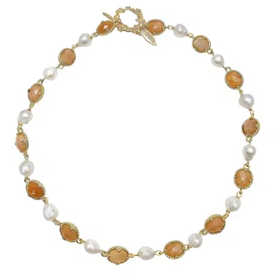 Farra Women's Freshwater Pearls With Orange Moonstone Statement Necklace