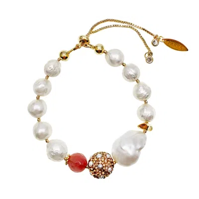 Farra Women's Freshwater Pearls With Watermelon & Rhinestone Bracelet In Yellow