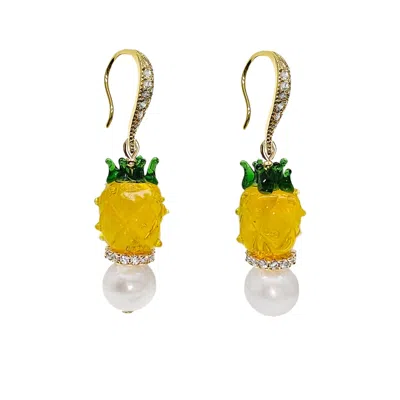 Farra Women's Fruity Yellow Pineapple With Freshwater Pearls Dangle Earrings