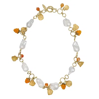 Farra Women's Garden Floral Baroque Pearl Necklace With Orange Raspberry & Citrine