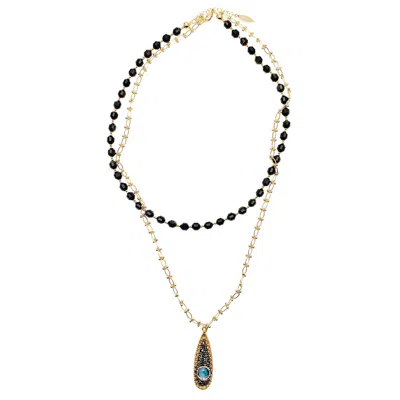 Farra Women's Gold / Black Black Obsidian And Chain With Pendant Double Layers Necklace In Multi