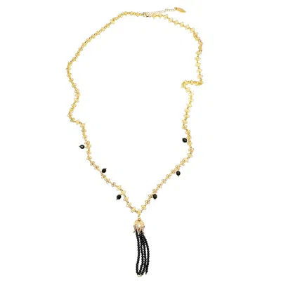 Farra Women's Gold / Black Chain With Black Obsidian Tassel Necklace