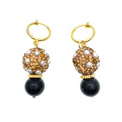 Farra Women's Gold / Black Round Rhinestones Bordered Pearls With Obsidian Clip On  Earrings In Multi