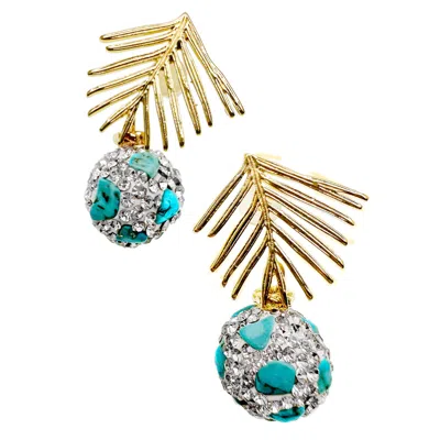Farra Women's Gold / Blue Gold Leaves With Turquoise Rhinestone Earrings