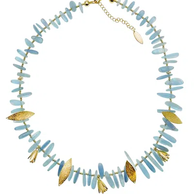 Farra Women's Gold / Blue Irregular Aquamarine With Floral Charms Statement Necklace In Multi