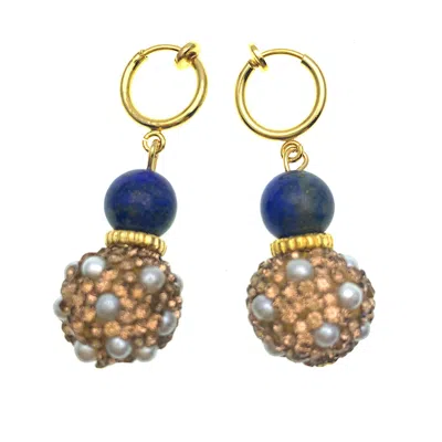 Farra Women's Gold / Blue Round Lapis With Rhinestones Bordered Pearls Simple Dangle Clip On Earrings In Multi