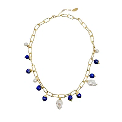 Farra Women's Gold / Blue / White Gold Chain With Baroque Pearls And Lapis Charms Necklace