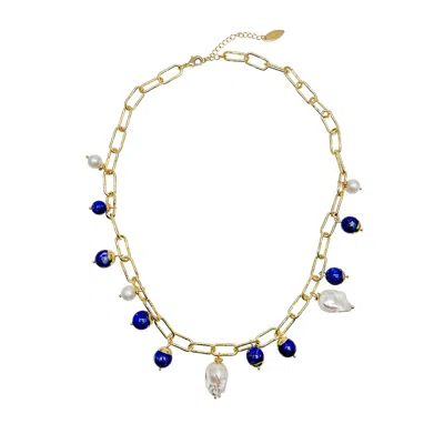 Farra Women's Gold / Blue / White Gold Chain With Baroque Pearls And Lapis Charms Necklace In Multi