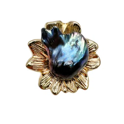 Farra Women's Gold Flower Setting With Black Baroque Pearls Brooch/ Pendant