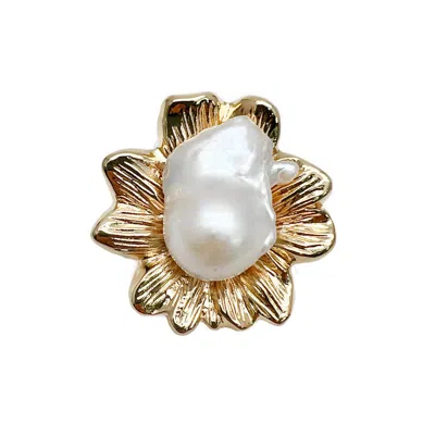 Farra Women's Gold Flower Setting With White Baroque Pearl Multi-way Brooch