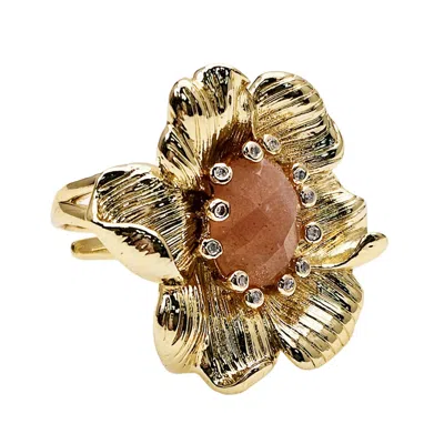 Farra Women's Gold Flower With Orange Moonstone Setting Cocktail Ring