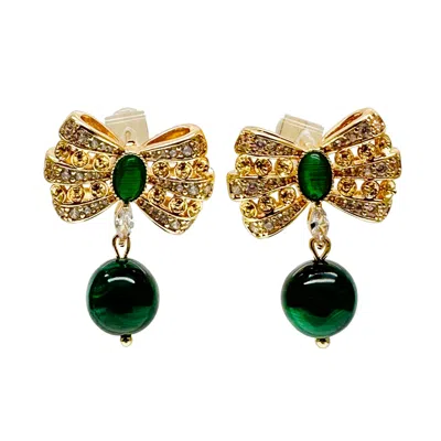Farra Women's Gold / Green Butterfly Bow With Malachite Dangle Earrings