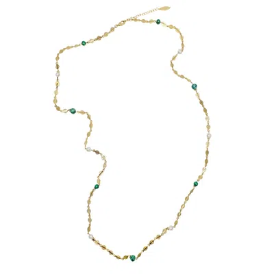 Farra Women's Gold / Green Gold Chain With Green Gemstones And White Pearls Long Necklace In Multi