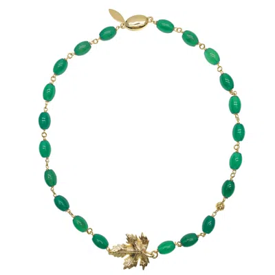 Farra Women's Gold / Green Green Agate With Maple Leave Pendant Necklace In Multi